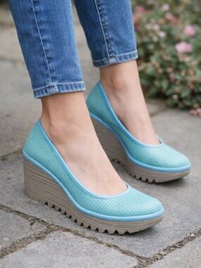 FLY London Women’s Slip On Turquoise Perforated Wedge Shoes | EU 37